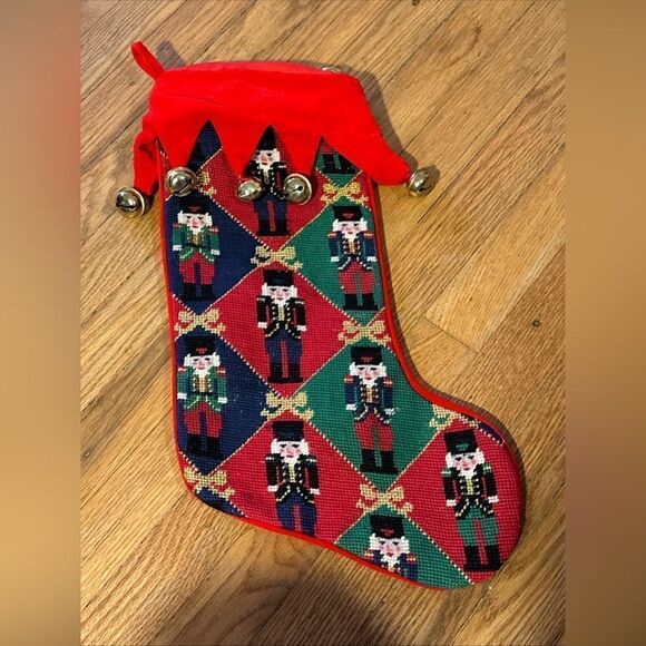 Vintage needlepoint nutcracker stocking with bells - Picture 2 of 11